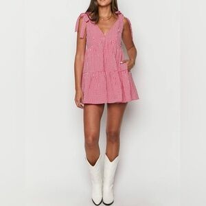 Red Plaid Bow-Strap V-Neck Ruffled Mini Dress